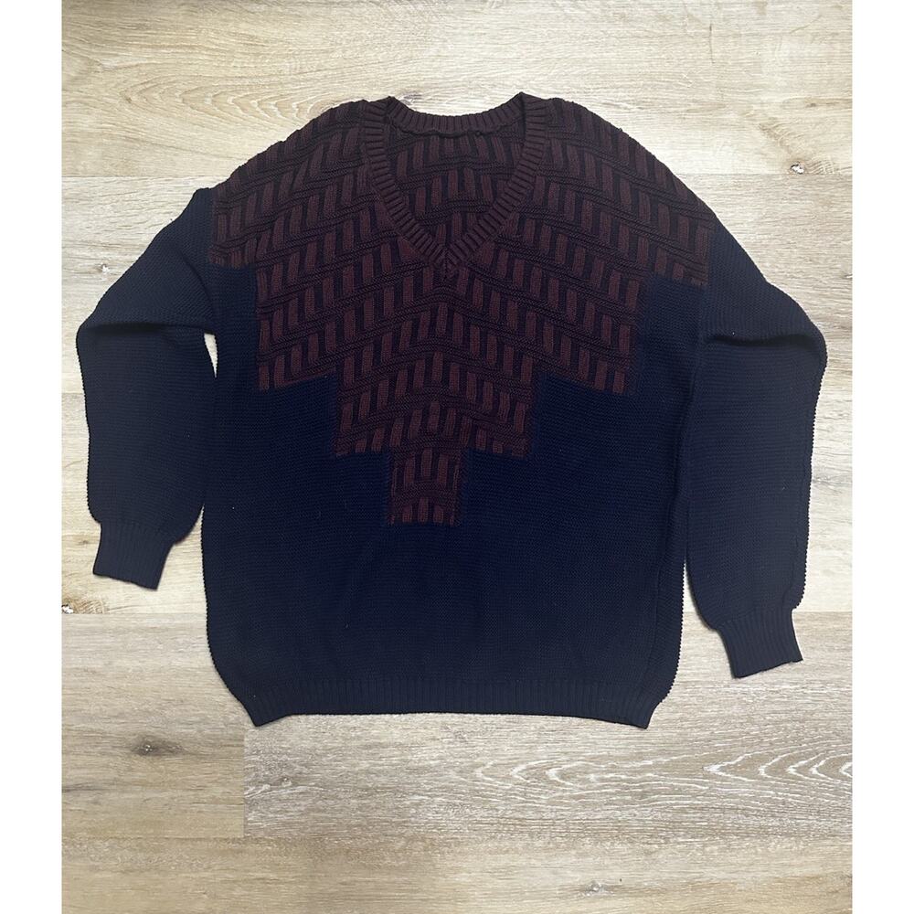 BCBGeneration Geometric Knit Sweater V Neck‎ Navy Burgundy Cotton Size M